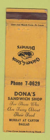 Matchbook Cover - Dona's Sandwich Shop Dallas TX WORN