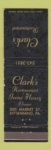 Matchbook Cover - Clark's Restaurant Irene Henry Kittanning PA
