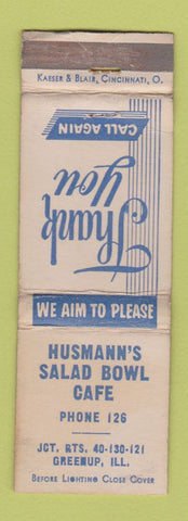 Matchbook Cover - Husmann's Salad Bowl Cafe Greenup IL WORN