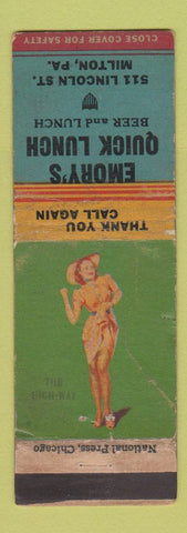 Matchbook Cover - Emory's Quick Lunch Milton PA pinup WORN