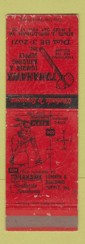 Matchbook Cover - Tomahawk Lumber Building Supply Midlothian VA POOR Indian