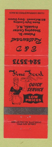 Matchbook Cover - B&D Restaurant Franklin NC