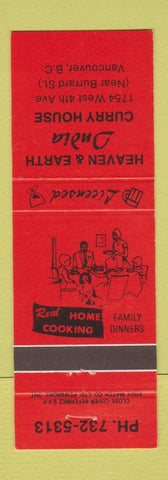 Matchbook Cover - Heaven and Earth India Curry House Vancouver BC