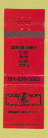 Matchbook Cover - Good Boys Fixins and Giggle Soup Maggie Valley NC RED
