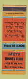 Matchbook Cover - Davey's Dinner Club Des Moines IA WEAR