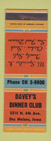 Matchbook Cover - Davey's Dinner Club Des Moines IA WEAR