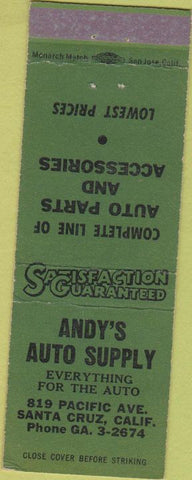 Matchbook Cover - Andy's Auto Supply Santa Cruz CA green