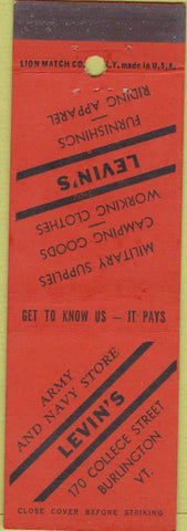 Matchbook Cover - Levin's Army Navy Store Burlington VT Work Clothes