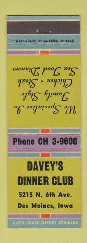 Matchbook Cover - Davey's Dinner Club Des Moines IA