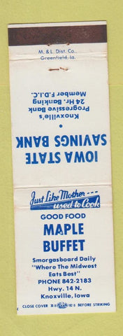 Matchbook Cover - Maple Buffet Iowa State Savings Bank Knoxville IA