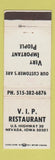 Matchbook Cover - VIP Restaurant  Nevada IA WEAR