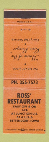 Matchbook Cover - Ross' Restaurant Bettendorf IA