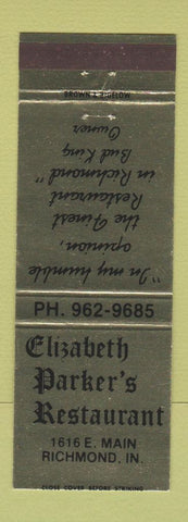 Matchbook Cover - Elizabeth Parker's Restaurant Richmond IN