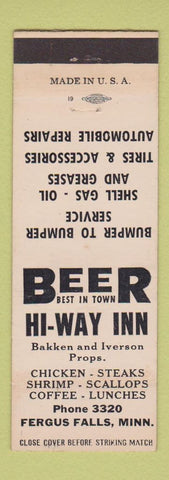 Matchbook Cover - Hi Way Inn Fergus Falls MN low phone # Shell oil gas