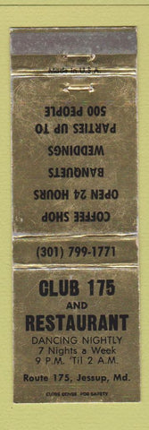 Matchbook Cover - Club 175 and Restaurant Jessup MD WEAR