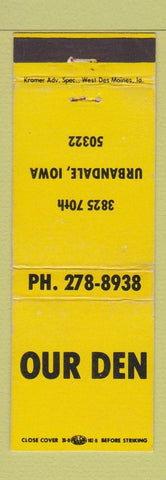 Matchbook Cover - Our Den Urbandale IA
