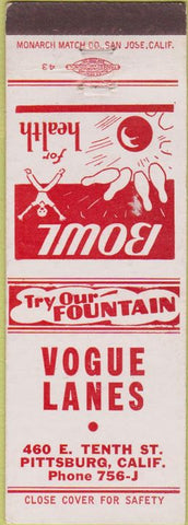 Matchbook Cover - Vogue Lanes bowling Pittsburgh CA white