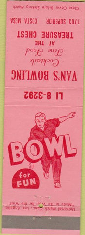 Matchbook Cover - Van's Bowling Costa Mesa CA