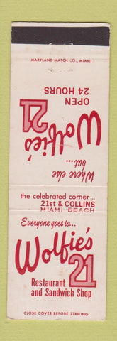 Matchbook Cover - Wolfie's 21 Restaurant Miami Beach FL