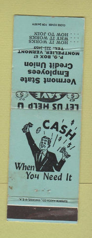 Matchbook Cover - Vermont State Employees Credit Union Montpelier VT TEAL WORN