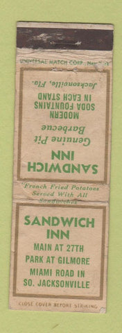 Matchbook Cover - Sandwich Inn South Jacksonville FL WORN WHITE