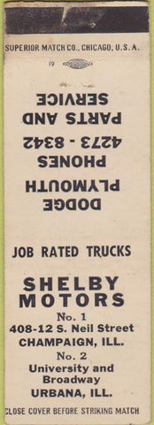 Matchbook Cover - Shelby Motors Urbana IL Dodge Plymouth