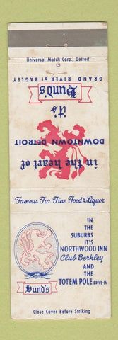 Matchbook Cover - Hund's Restaurant Northwood Inn Detroit MI WEAR