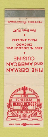 Matchbook Cover - Kurt Schebesta Heidelberger Fass Restaurant Chicago IL