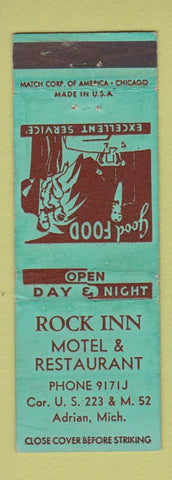 Matchbook Cover - Rock Inn Motel Restaurant Adrian MI WEAR