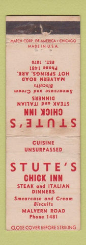 Matchbook Cover - Stute's Chick Inn Hot Springs AR low phone # WEAR