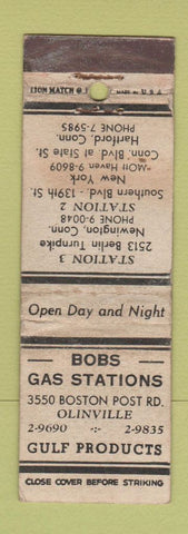 Matchbook Cover - Bobs Gas Station oil gas Gulf Hartford Newington CT WORN