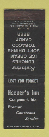 Matchbook Cover - Haener's Inn Craigmont ID  WEAR