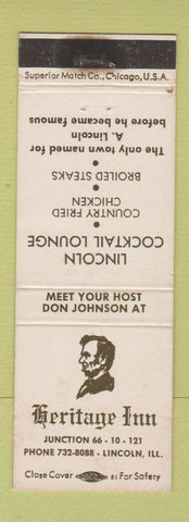 Matchbook Cover - Heritage Inn Lincoln IL Route 66 WEAR