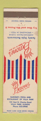 Matchbook Cover - Barone's Restaurant Villa Park IL Pizza WEAR