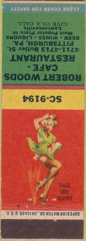 Matchbook Cover - Robert Woods Cafe Pittsburgh PA pinup girlie back