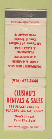 Matchbook Cover - Clusiau's Rentals Sales Placerville CA WEAR