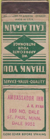 Matchbook Cover - Ambassador Inn ST Paul MN STAMP WORN green