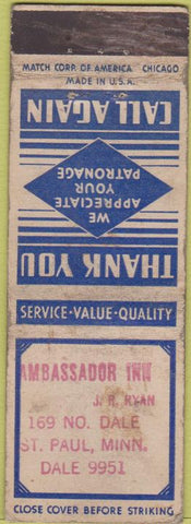 Matchbook Cover - Ambassador Inn ST Paul MN STAMP WORN blue