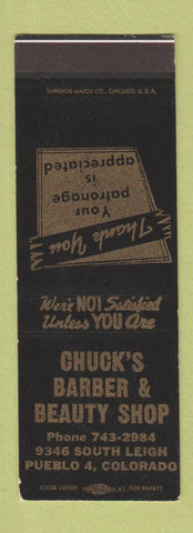 Matchbook Cover - Chuck's Barber Beauty Shop Pueblo Colorado SAMPLE