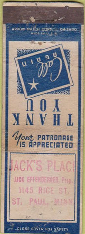 Matchbook Cover - Jack's Place ST Paul MN Arrow STAMPED WEAR