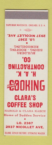 Matchbook Cover - Clara's Coffee Shop Minnneapolis MN HAK Contractors SAMPLE