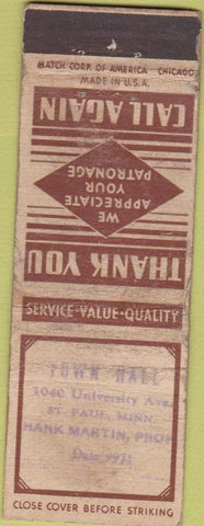 Matchbook Cover - Town Hall St Paul MN STAMPED WORN