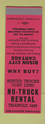 Matchbook Cover - Nu Truck Rentals Bison City Cartage Buffalo NY SAMPLE