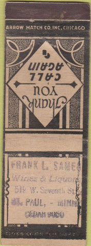 Matchbook Cover - Frank Samec Liquor ST Paul MN Arrow STAMPED