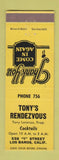 Matchbook Cover - Tony's Rendezvous Los Banos CA low phone #