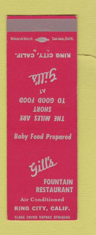 Matchbook Cover - Gill's Restaurant Fountain King City CA