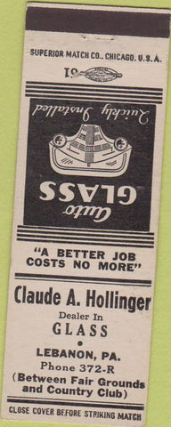 Matchbook Cover - Hollinger Auto Glass Lebanon PA white