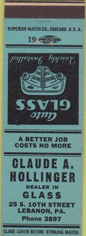 Matchbook Cover - Hollinger Auto Glass Lebanon PA green