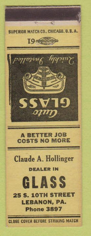 Matchbook Cover - Hollinger Auto Glass Lebanon PA yellow