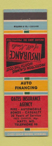 Matchbook Cover - Oates Insurance Agency Hayti MO low phone #